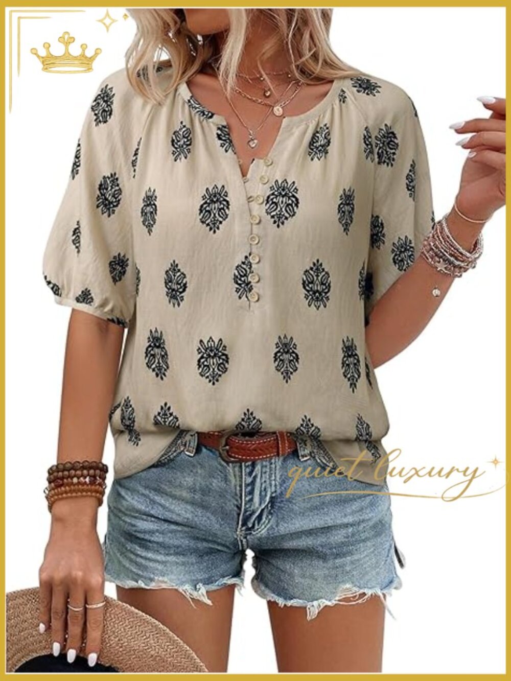 Boho Floral V Neck Short Sleeve Button Down Blouse Summer Top